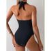 Women's Clothing One Piece Swimsuit Halter Neck Deep V Neck Lace Patchwork Sexy Swimwear For Hot Spring_ecoleips.com