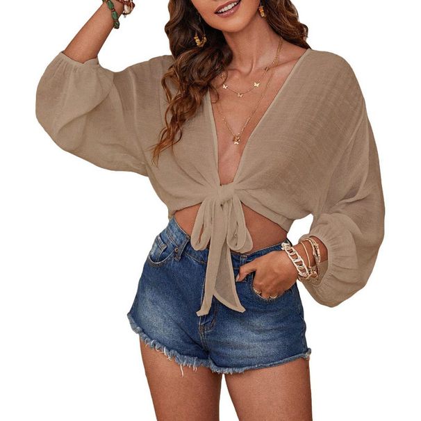 Women's Boho Beach Cover-Up Shirt Long Sleeve Loose Fit Cotton Linen Blend Lightweight Summer Tunic For Swimwear_ecoleips.com