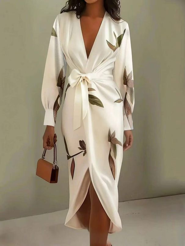 2026 European American Cross-border Elegant Style Deep V-neck Long-sleeve Printed Dress, Youthful And Elegant, Suitable_ecoleips.com