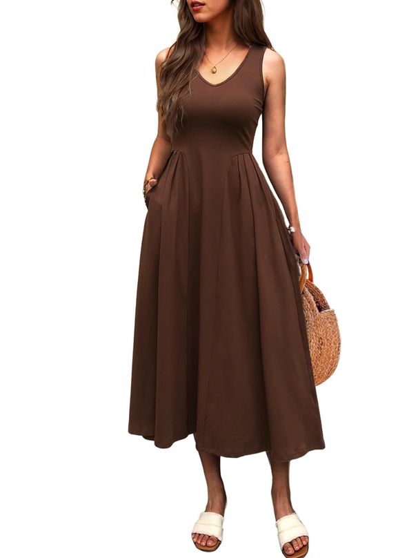 Elegant Long Dress For Women Spring Summer Waist Cinching Pocket Pleated Vest Solid Color New 2025_ecoleips.com