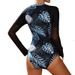 Women's One Piece Swimsuit European American Style Long Sleeved round Neck Mesh Patchwork Printed Zipper Triangle Surfing Suit_ecoleips.com