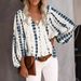 2025 New Spring Summer Autumn V-neck Casual Shirt Printed Lantern Sleeve Top Women's Clothing_ecoleips.com