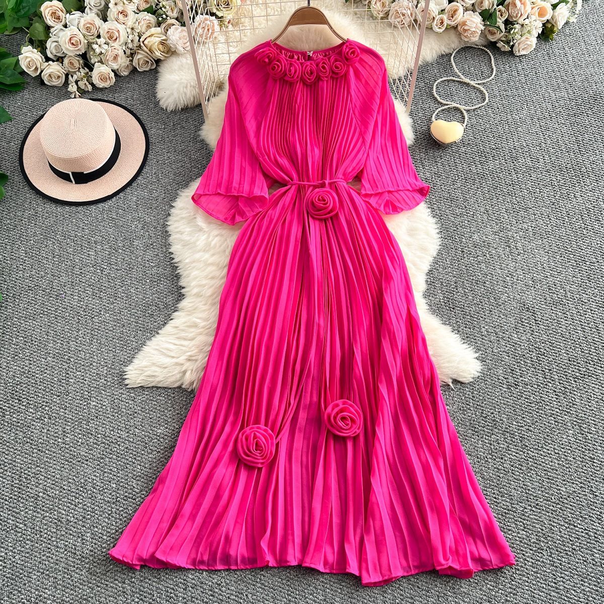 Women's Elegant 3D Floral Pleated Dress - Slim Fit Mid-Sleeve With Waist-Defining Design, Flowy Over-the-Knee Skirt For Summer_ecoleips.com