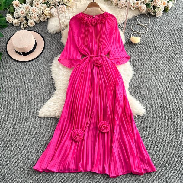 Women's Elegant 3D Floral Pleated Dress - Slim Fit Mid-Sleeve With Waist-Defining Design, Flowy Over-the-Knee Skirt For Summer_ecoleips.com