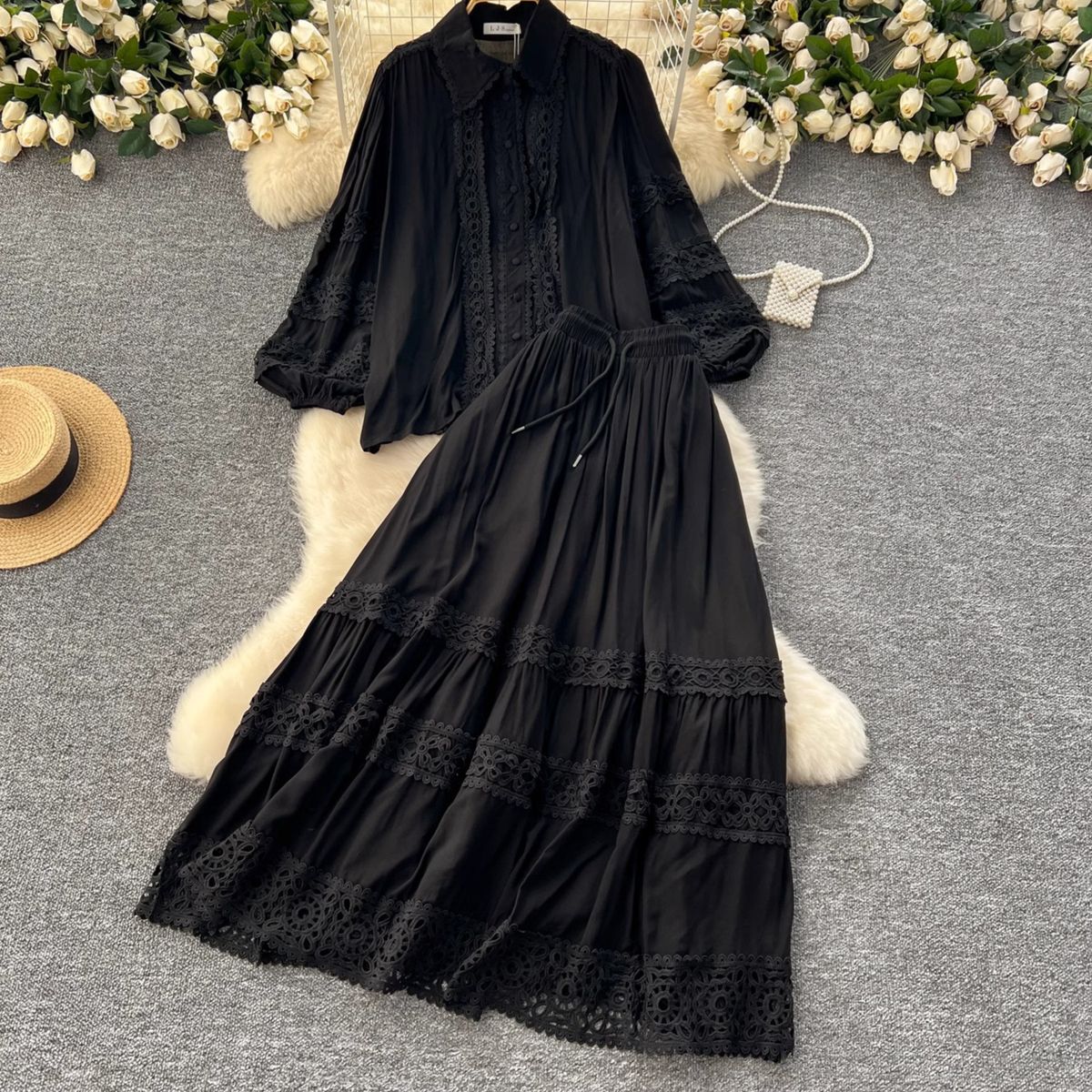 Women's Clothing High Grade Hollow Lace Splicing Lantern Long Sleeved Shirt High Waisted Slim Fitting Skirt_ecoleips.com