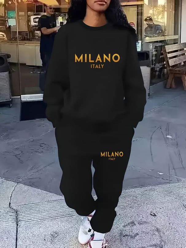 Women's Autumn/Winter Hip Hop Casual Street MILANO ITALY Pattern Printed Round Neck Sweatshirt+Sweatpants Warm Set-656_ecoleips.com