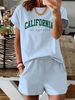 Summer New Letter Pattern T-shirt, Casual Printed Round Neck Short Sleeved Top With Elastic Waist Pocket, Women's Two-piece Set-286_ecoleips.com