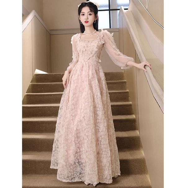 Women's Light Luxury Niche Style Long Sleeved Evening Gown French Elegant Pink Summer New Wedding Party Wear_ecoleips.com