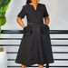 Elegant V-Neck A-Line Midi Dress With Belt - Flattering Short Sleeve Summer Dress For Women (S-XXXL, Plus Size Options)_ecoleips.com
