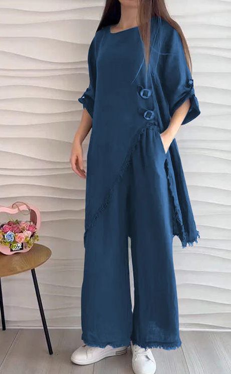 Women's Clothing Loose Irregular Five Point Sleeves Mid Length Tops Loose Wide Leg Trousers_ecoleips.com