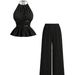 Women's French Style Two Piece Set off Shoulder Wide Leg Casual Halter Neck Belted Solid Color Loose Fit_ecoleips.com