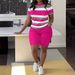 Plus Size Women's Clothing Striped T-Shirt Set Pullover Short Sleeve Letter 3D Printed Shorts_ecoleips.com