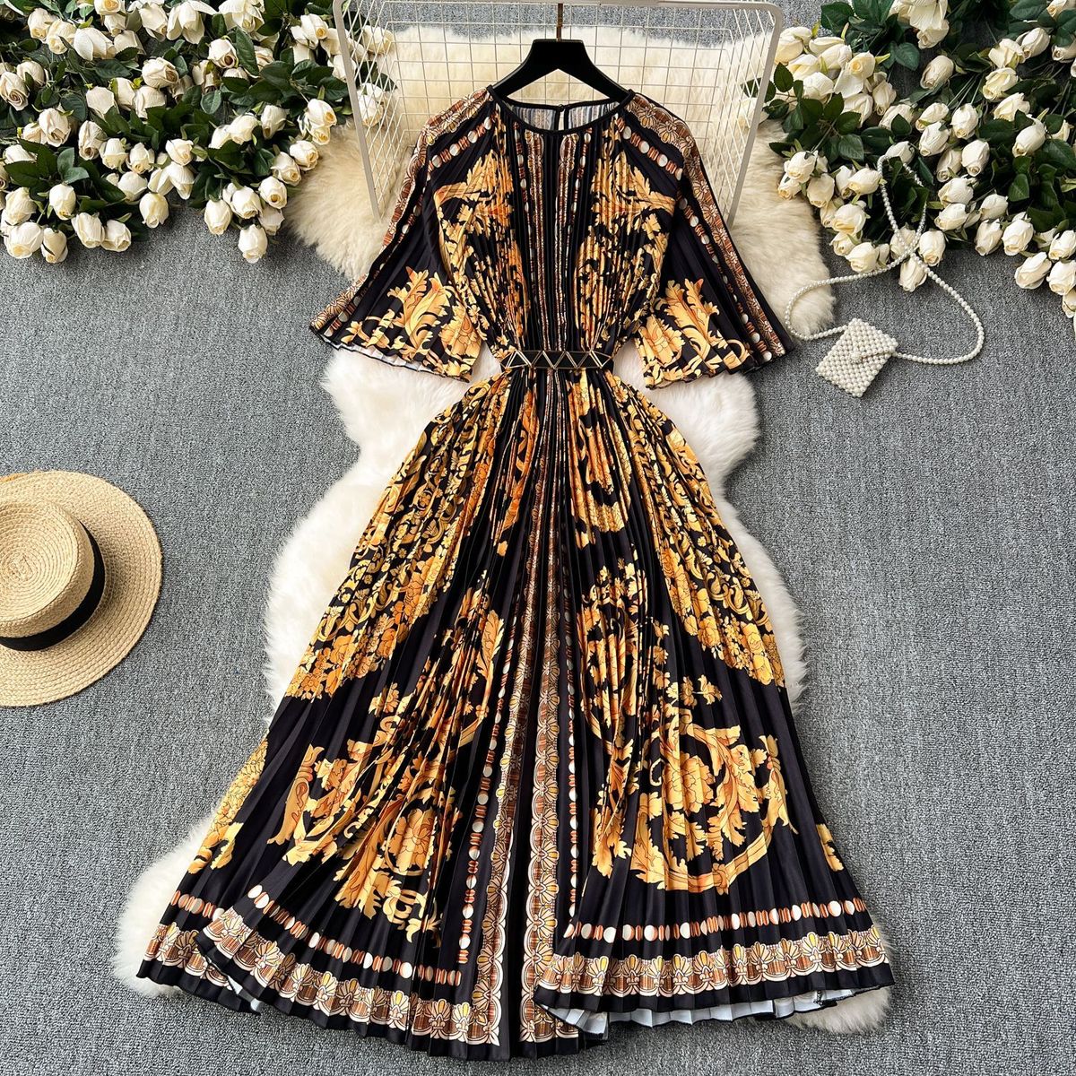 Women's Clothing Retro Palace Style Printed Long Heavy Duty Pleated Puff Sleeve Dress Spring Women's Pleated Skirt_ecoleips.com