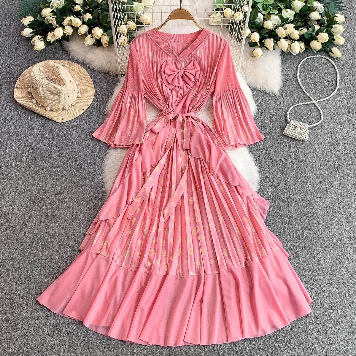 Women's Clothing Heavy Duty Gold Stamped Trumpet Sleeve Dress Bow Waist Pleated Ruffled Long Skirt_ecoleips.com