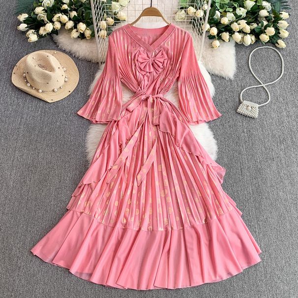 Women's Clothing Heavy Duty Gold Stamped Trumpet Sleeve Dress Bow Waist Pleated Ruffled Long Skirt_ecoleips.com
