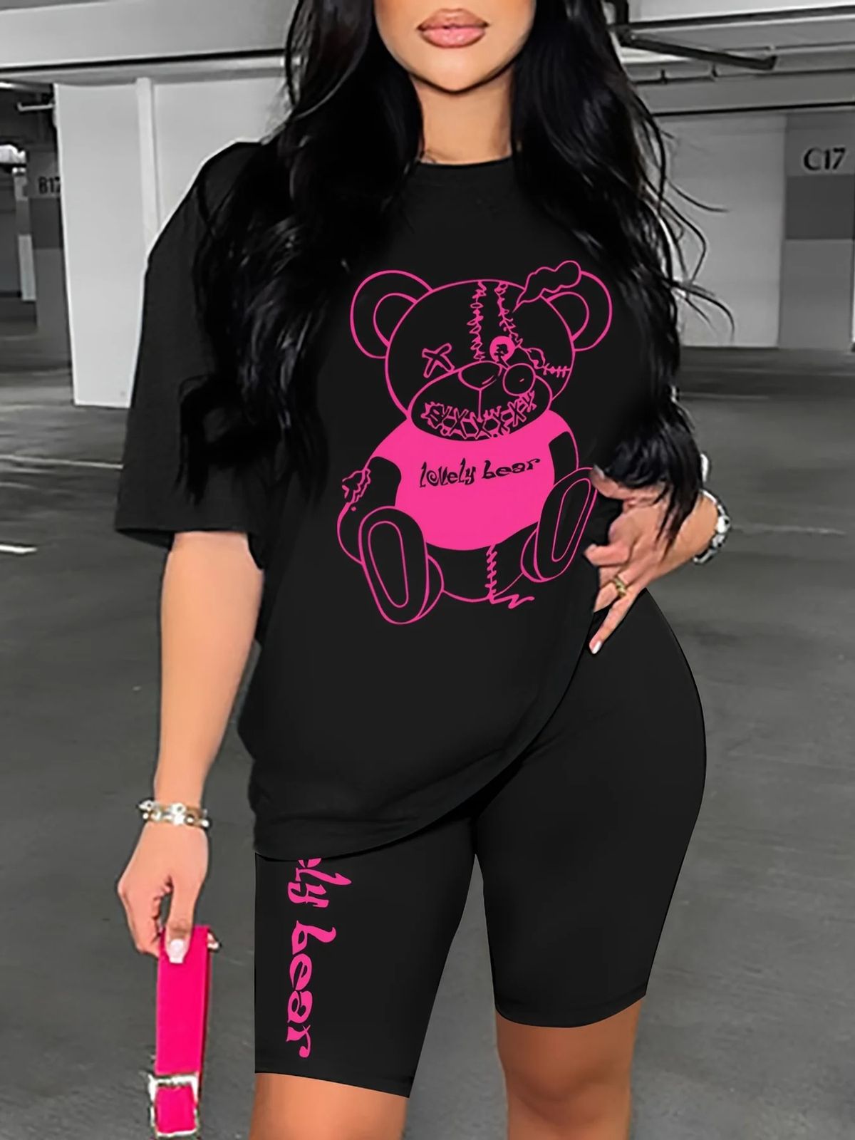 Summer Women's Casual Fashion Cartoon Bear Graphic Printed Loose T-shirt Shorts Two-piece Set Summer Sportswear Suitable For Daily Wear-159_ecoleips.com