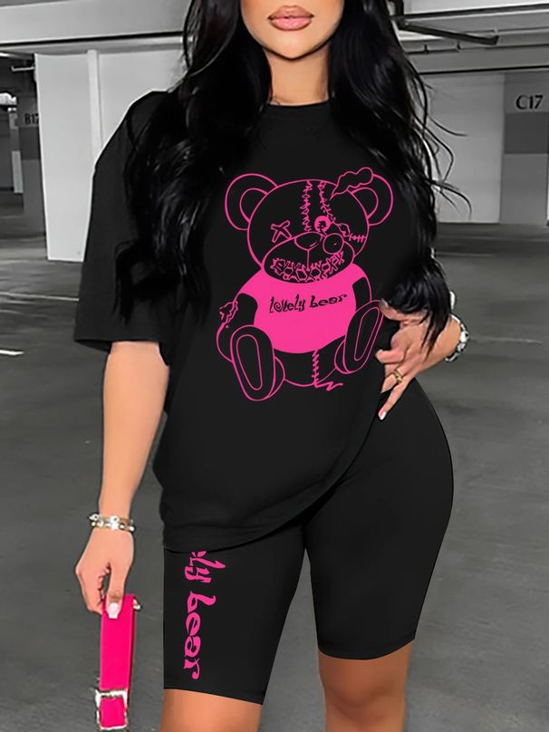 Summer Women's Casual Fashion Cartoon Bear Graphic Printed Loose T-shirt Shorts Two-piece Set Summer Sportswear Suitable For Daily Wear-159_ecoleips.com