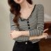 2025 #Selection Of Pure Cotton # Shell Button High Waist Short Striped T-Shirt Women's Long Sleeved 2025 Autumn Outfit New_ecoleips.com