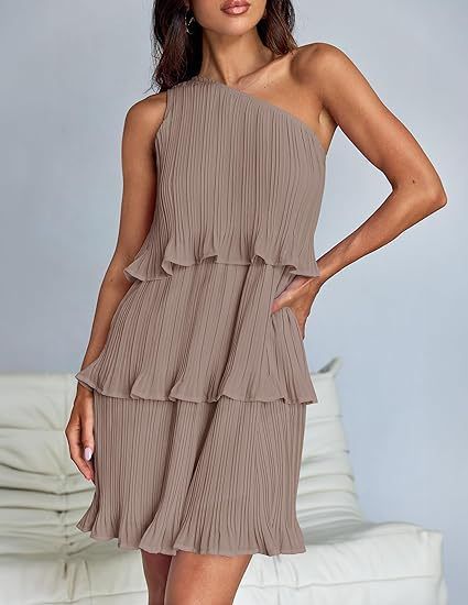 Women's One Shoulder Layered Spliced Hem Solid Color Dress Spring Summer_ecoleips.com
