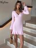 Hugcitar Elegant V Neck Pink Long Flare Sleeve Patchwork Lace Sexy Mini Dress Fall Y2K Women Clothes Birthday Party Streetwear_ecoleips.com