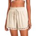 Women's Fashion Lace Trim Casual Loose Tie Waist Shorts Spring/Summer Beach Solid Color Style Bottoms_ecoleips.com
