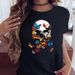 European And American Cross-border Foreign Trade Women's Floral Skull Print Round-neck Short-sleeve T-shirt Top_ecoleips.com