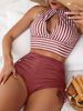 Women's Clothing New Style Two Piece Striped Halter Neck Sexy High Waist Slimming Spa Swimsuit_ecoleips.com