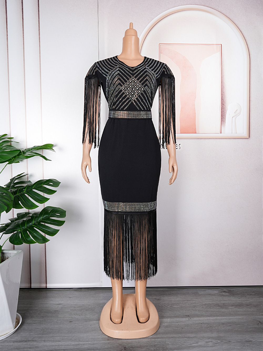 Women's Clothing Sequin Fringe Bodycon Dress – V-Neck Glam Midi Dress With Beaded Details (Black/Pink/White/Red/Blue)_ecoleips.com