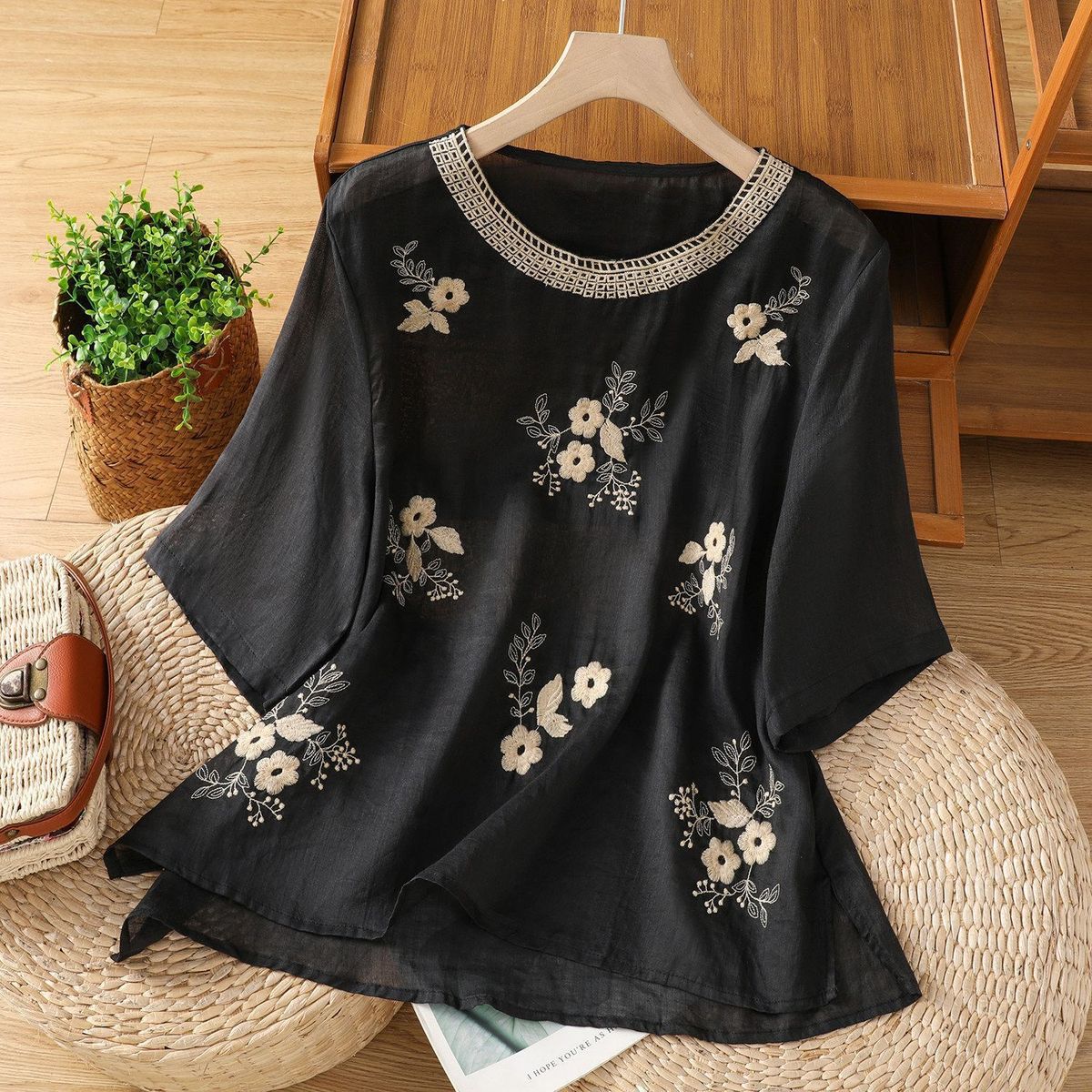 Ethnic Style Artistic Vintage Summer Cotton-Linen Short-Sleeve Top, Loose Casual Versatile Pullover T-Shirt For Women_ecoleips.com