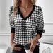 Women's V-Neck Long Sleeve T-Shirt With Houndstooth Print & Contrast Sleeves - Stylish Button-Up Top For Fall & Winter_ecoleips.com