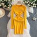 Women's Ribbed Sweater Dress Solid Color Stretch Knit Slimming Midi Simple Style Hip Hugging New Fashion_ecoleips.com