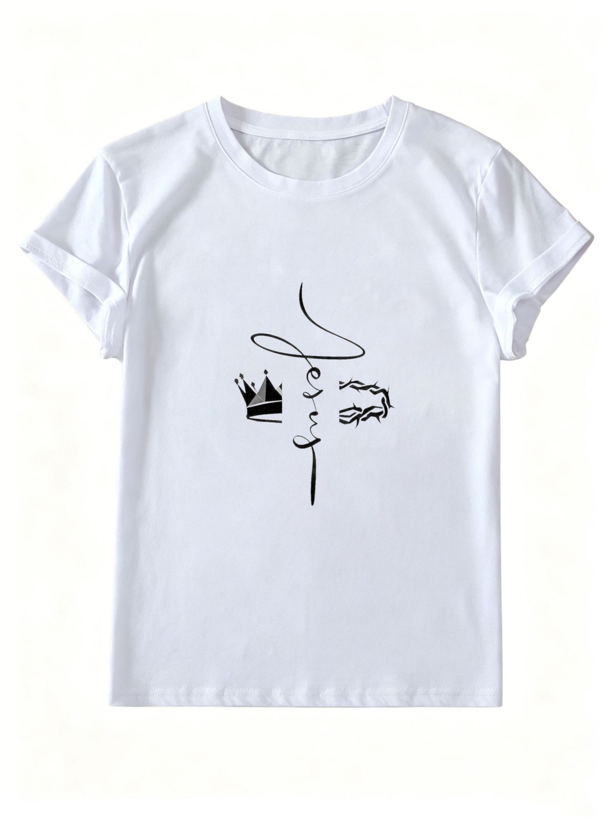 Women Crew Neck Short Sleeve T-Shirt, Minimalist Crown Thorn Cursive Line Graphic Loose Fit Casual Summer Basic Tee Tops_ecoleips.com