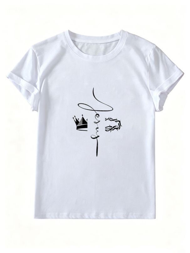 Women Crew Neck Short Sleeve T-Shirt, Minimalist Crown Thorn Cursive Line Graphic Loose Fit Casual Summer Basic Tee Tops_ecoleips.com