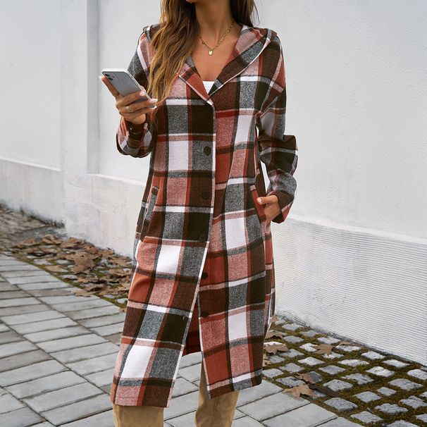 Women's Casual Loose-Fit Color-Blocked Button-Up Hooded Coat - Longline V-Neck With Pockets - Knit Polyester Blend (Khaki, Gray, Green, Brown)_ecoleips.com