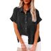 Women's Clothing Spring And Summer Tops Cotton And Linen Pocket Button Short Sleeved Shirt_ecoleips.com