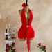 Red Crisscross V-Neck Bodycon Mini Dress for Women with Starfish Charm And Flowing Tie Detail_ecoleips.com