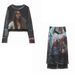 Women's Clothing Elastic Silk Screen Printing Bottoming Shirt Long Sleeved Top Mesh Skirt Suit_ecoleips.com