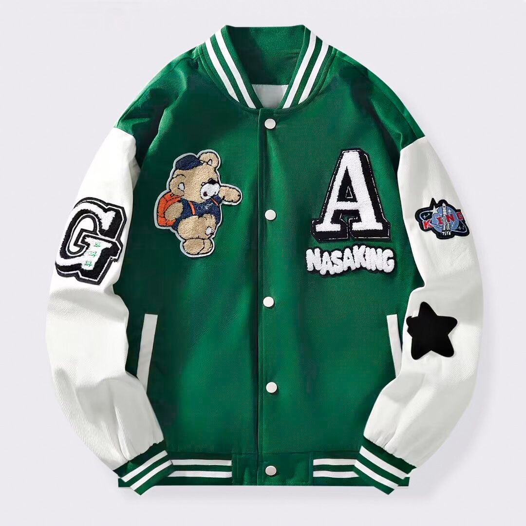 Women's Clothing Contrast Color Stitching Long Sleeve Letter Bear Patch Embroidery Loose Baseball Jacket_ecoleips.com