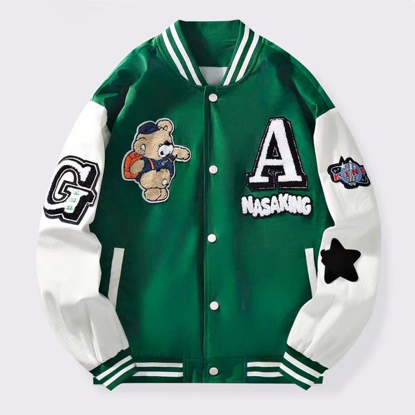 Women's Clothing Contrast Color Stitching Long Sleeve Letter Bear Patch Embroidery Loose Baseball Jacket_ecoleips.com