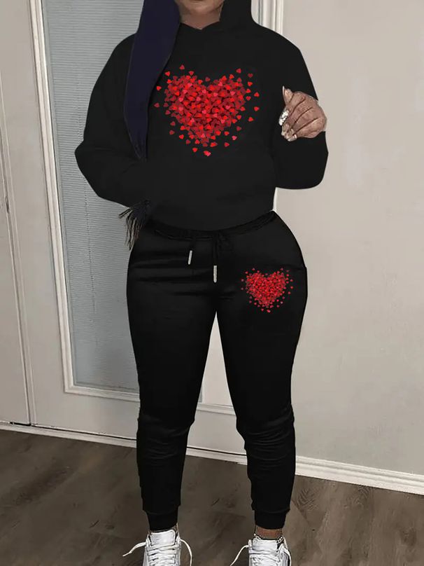 Women's Autumn And Winter Casual Fashion Heart-shaped Pattern Printed Thick Fleece Warm Hooded Sweatshirt+sports Pants Set-745_ecoleips.com