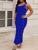 Plus-size Elegant Dress, Solid Color, Slim Fit, Sleeveless, Sexy Low Neckline, Slit, And Button-down Details. Suitable For Everyday Wear, Casual Outings, Dates, And Parties._ecoleips.com