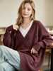 Wine Red Deep V Multi Pocket Pit Rib Knit Tunic Sweater, Oversized Loose Lightweight Breathable Soft Skin-touch Long Sleeve Pullover_ecoleips.com