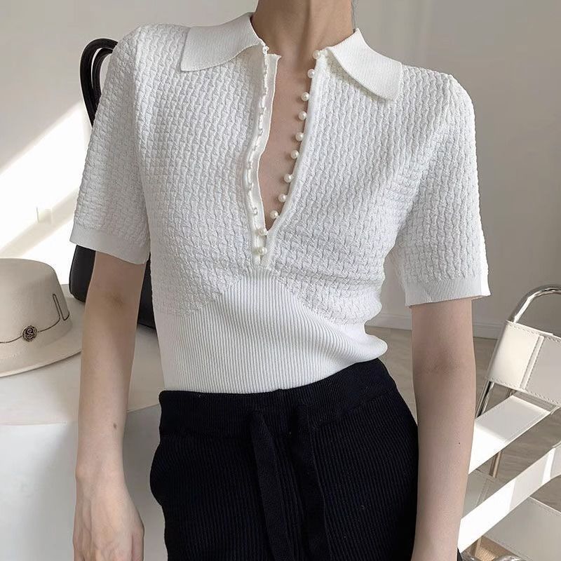 Women's Clothing White T-Shirt For Women New Style Slim Fit Unique Design Versatile Top Short Sleeve Polo Shirt Knitwear Summer_ecoleips.com