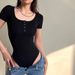 European American Retro Short-sleeve T-shirt Women, Slim-fit, Solid Color, Open-front Top, Suitable For Layering,_ecoleips.com
