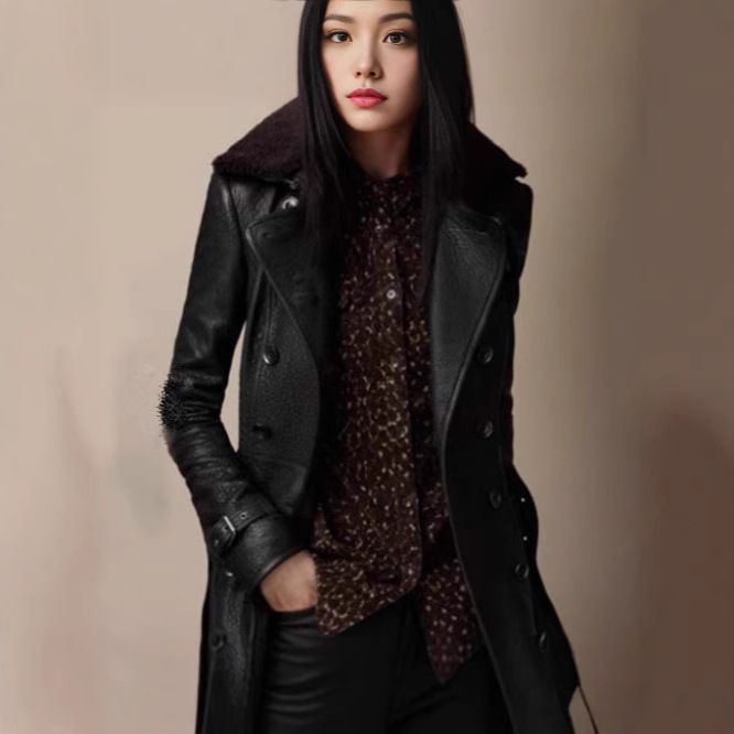 Women's Clothing Thick Fur Collar Mid Length Leather Coat Motorcycle Leather Jacket Coat _ecoleips.com