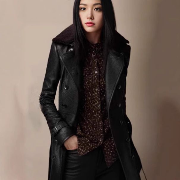 Women's Clothing Thick Fur Collar Mid Length Leather Coat Motorcycle Leather Jacket Coat _ecoleips.com