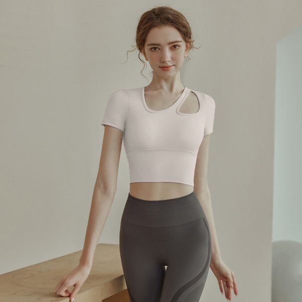 Nude Feel Skin Friendly Short Sleeve Sportswear Top With Bra Pads For Pilates Yoga High End Women's T-Shirt New Spring Style_ecoleips.com
