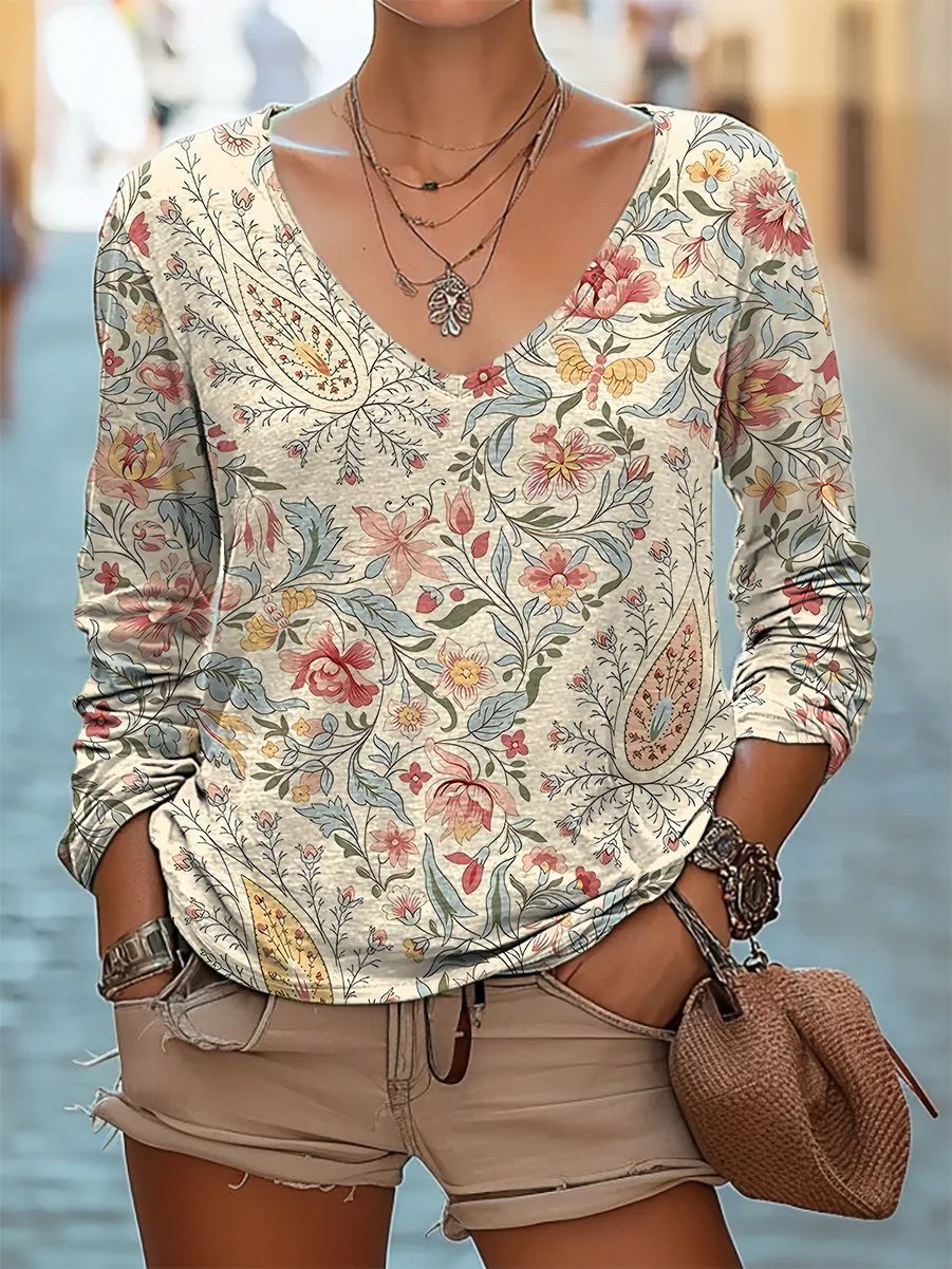 Women's Clothing Casual V Neck Long Sleeve Regular Pullover Digital Printing Tops T Shirt_ecoleips.com