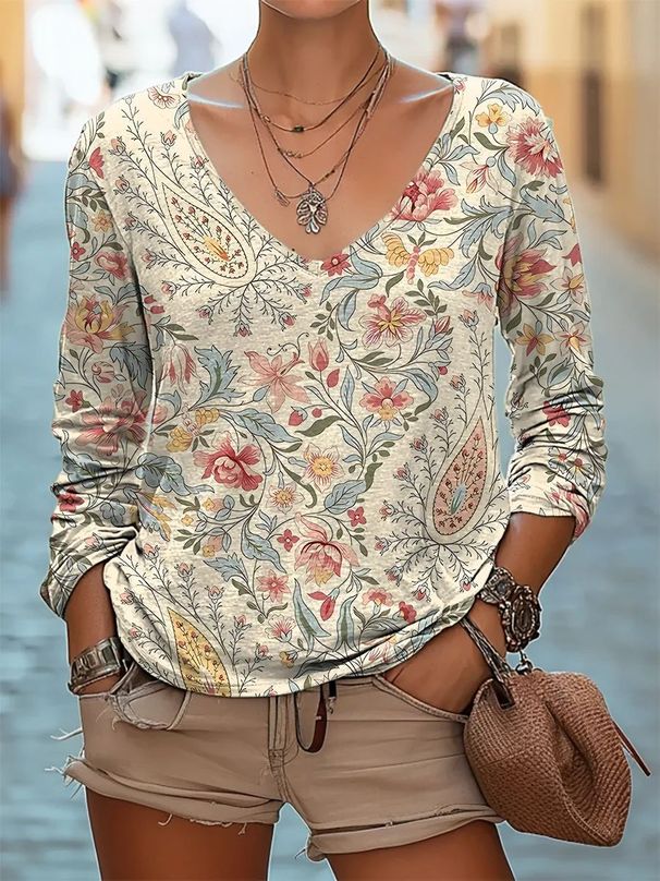 Women's Clothing Casual V Neck Long Sleeve Regular Pullover Digital Printing Tops T Shirt_ecoleips.com