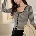 2025 #Selection Of Pure Cotton # Shell Button High Waist Short Striped T-Shirt Women's Long Sleeved 2025 Autumn Outfit New_ecoleips.com